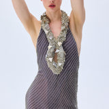 Sequined Net Anthracite Metallic Dress With Metallic Feather Necklace And Crystal Stripes