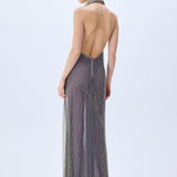 Sequined Net Anthracite Metallic Dress With Metallic Feather Necklace And Crystal Stripes