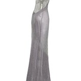 Sequined Net Anthracite Metallic Dress With Metallic Feather Necklace And Crystal Stripes