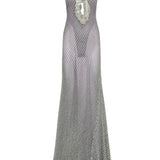 Sequined Net Anthracite Metallic Dress With Metallic Feather Necklace And Crystal Stripes