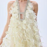 Mini Tulle Ivory Dress With Crystal Feather Flowers And Crystal Bordered Neckline