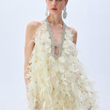 Mini Tulle Ivory Dress With Crystal Feather Flowers And Crystal Bordered Neckline