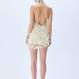 Mini Tulle Ivory Dress With Crystal Feather Flowers And Crystal Bordered Neckline