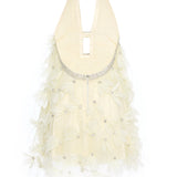 Mini Tulle Ivory Dress With Crystal Feather Flowers And Crystal Bordered Neckline