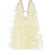 Mini Tulle Ivory Dress With Crystal Feather Flowers And Crystal Bordered Neckline