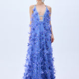 Tulle Periwinkel Gown With Crystal Feather Flowers, Crystal Bordered Neckline And Cross Back