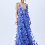 Tulle Periwinkel Gown With Crystal Feather Flowers, Crystal Bordered Neckline And Cross Back