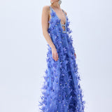 Tulle Periwinkel Gown With Crystal Feather Flowers, Crystal Bordered Neckline And Cross Back