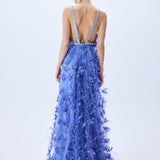 Tulle Periwinkel Gown With Crystal Feather Flowers, Crystal Bordered Neckline And Cross Back