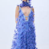 Tulle Periwinkel Gown With Crystal Feather Flowers, Crystal Bordered Neckline And Cross Back