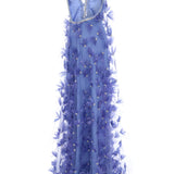 Tulle Periwinkel Gown With Crystal Feather Flowers, Crystal Bordered Neckline And Cross Back