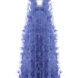 Tulle Periwinkel Gown With Crystal Feather Flowers, Crystal Bordered Neckline And Cross Back