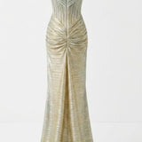 Gold Cowl Neckline Structural Dress With Draped Hips
