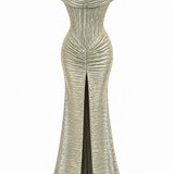 Gold Cowl Neckline Structural Dress With Draped Hips