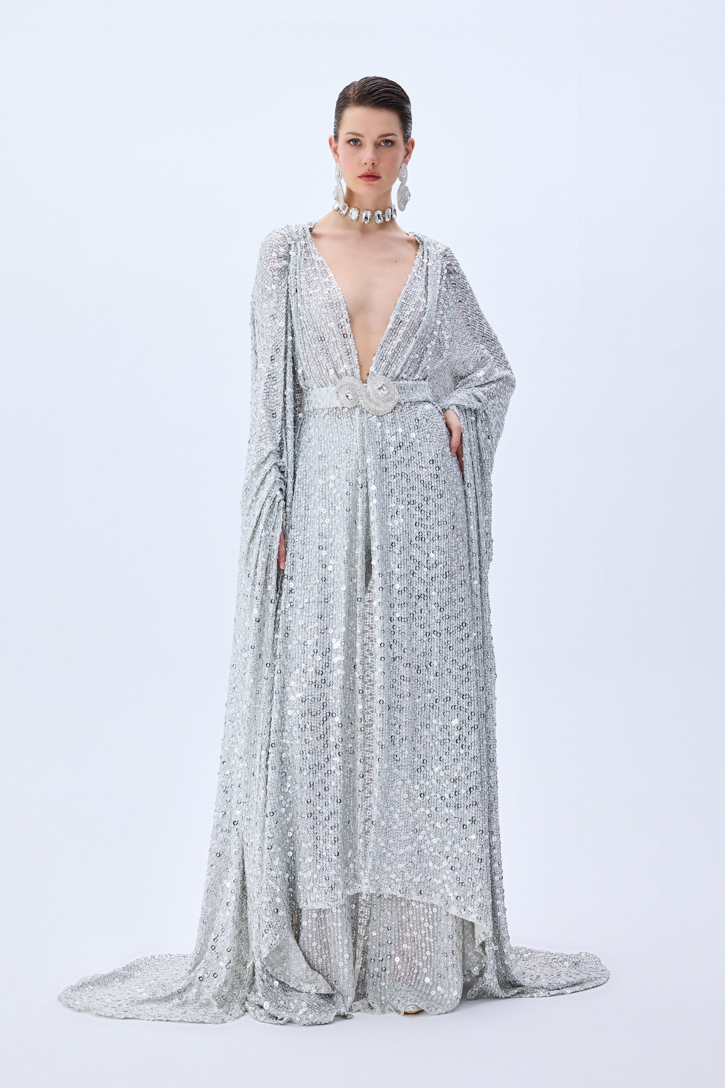 HC25-T-1001-Silver-34 raisa_vanessa chiffon-silver-fully-sequined-kaftan-with-crystal-belt