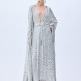 Chiffon Silver Fully Sequined Kaftan With Crystal Belt