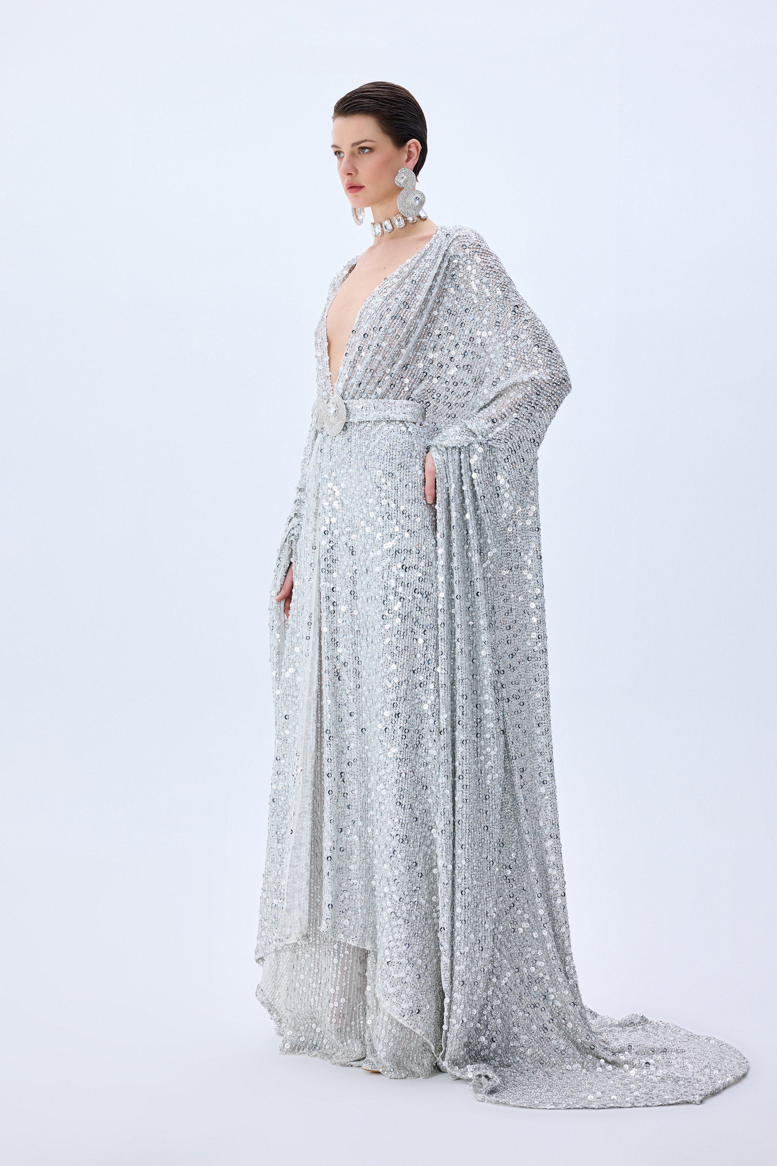 HC25-T-1001-Silver-36 raisa_vanessa chiffon-silver-fully-sequined-kaftan-with-crystal-belt