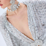 Chiffon Silver Fully Sequined Kaftan With Crystal Belt