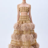 Gold Crystal Chain Crinoline With Silk Feathers