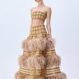 Gold Crystal Chain Crinoline With Silk Feathers