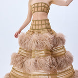 Gold Crystal Chain Crinoline With Silk Feathers