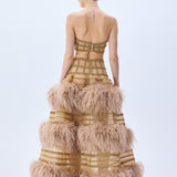 Gold Crystal Chain Crinoline With Silk Feathers