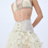 Crinoline With Feather Crystal Flowers And Draped Tulle Waistline With Crystal Borders