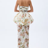 Strapless Flower Printed Corseted Maxi Dress With Sculptural Waist Detail