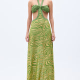 Gold Sequined Pistachio Green Chiffon Maxi Dress With Handmade Rope Detailed Bra Style