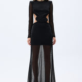 Glittered Black Knit Maxi Dress With Long Sleeves And Handmade Belt Detail