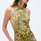 Gold Beaded Printed Chiffon Jumpsuit With Chain Belt