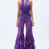 Purple Chiffon Jumpsuit With Laser Cut Frilled Cuffs
