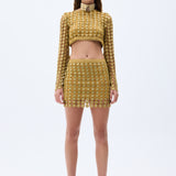 Gold Flower Embroidered Crystal Detailed Crop Top With Long Sleeves