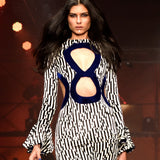 Black & White Geometric Velvet-Trimmed Cut-Out Maxi Dress