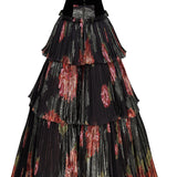 Velvet and Floral Printed Strapless Layered Maxi Dress