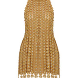 Gold Flower Embroidered Crystal Detailed Fringed Mini Dress