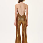 SS26-JS-1001-38 raisa_vanessa bronze-metallic-jersey-gold-accessory-detailed-flare-jumpsuit