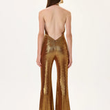 SS26-JS-1001-38 raisa_vanessa bronze-metallic-jersey-gold-accessory-detailed-flare-jumpsuit