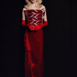 Red Velvet Sculptural Maxi Dress With Crystal Floral Embroidery Corset
