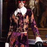 Burgundy Velvet Shirt With Chiffon Print And White Oversized Collar