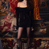 Black Crystal-Embellished Mesh Cowl-Neckline Mini Dress with Sleeves