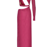 Knit Halter Neck Cutout Maxi Dress With Gold Buckles