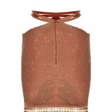 Crystal Embellished Fishnet Mini Skirt With Crossed Straps