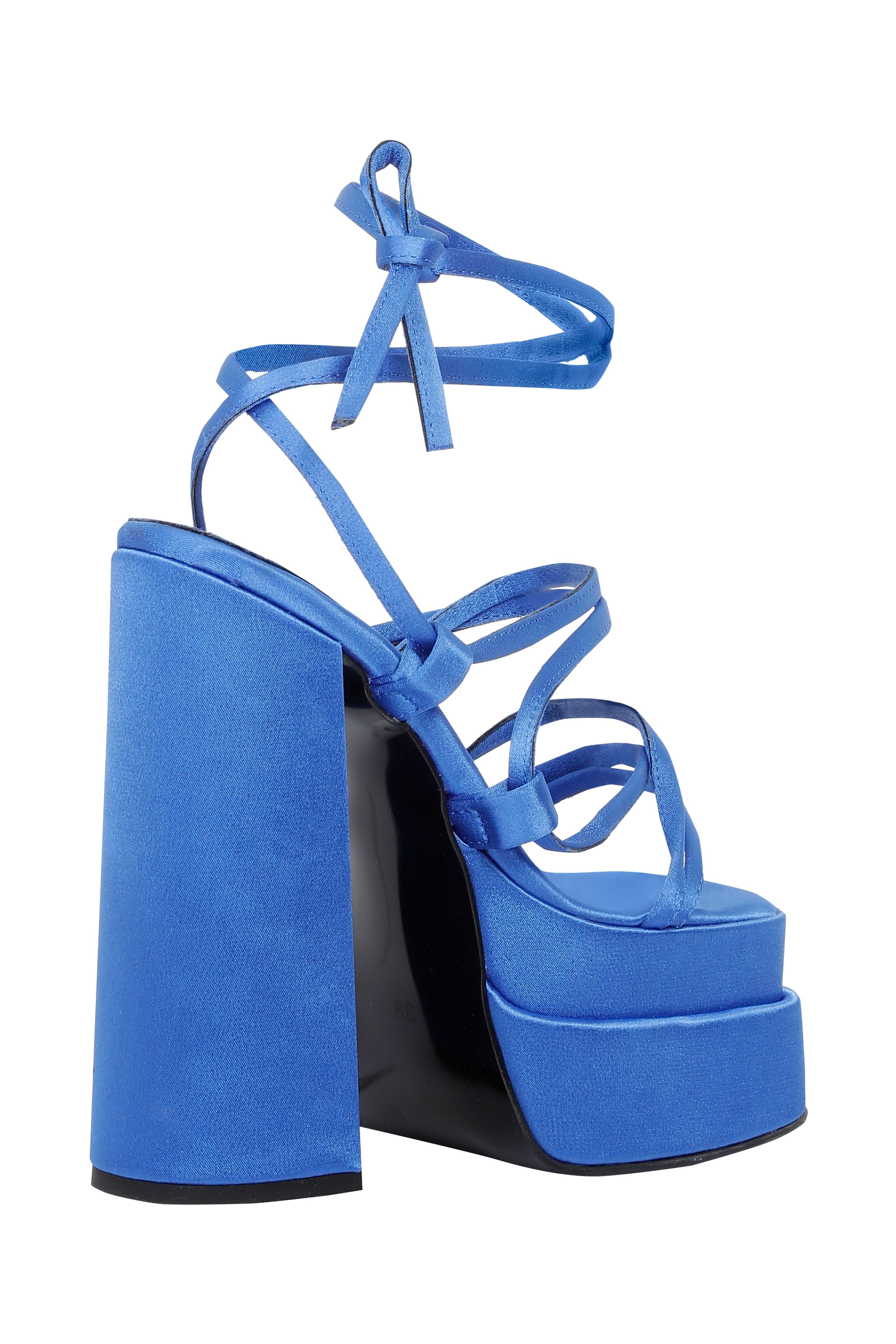 Blue Saten Strappy Platform Sandals