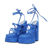 Blue Saten Strappy Platform Sandals