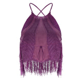 Knit & Suede Halter Neck Top With Fringe Details