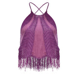 Knit & Suede Halter Neck Top With Fringe Details