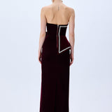 Burgundy Silk Velvet Corseted Architectural Dress With Crystal Border