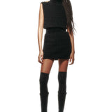 Black High-Neck Velvet Crochet Mini Dress With Grain Waist and Gold Details