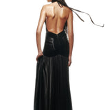 Deep V-Neck Black Satin Maxi Dress with High Slit and Embroidery Detail